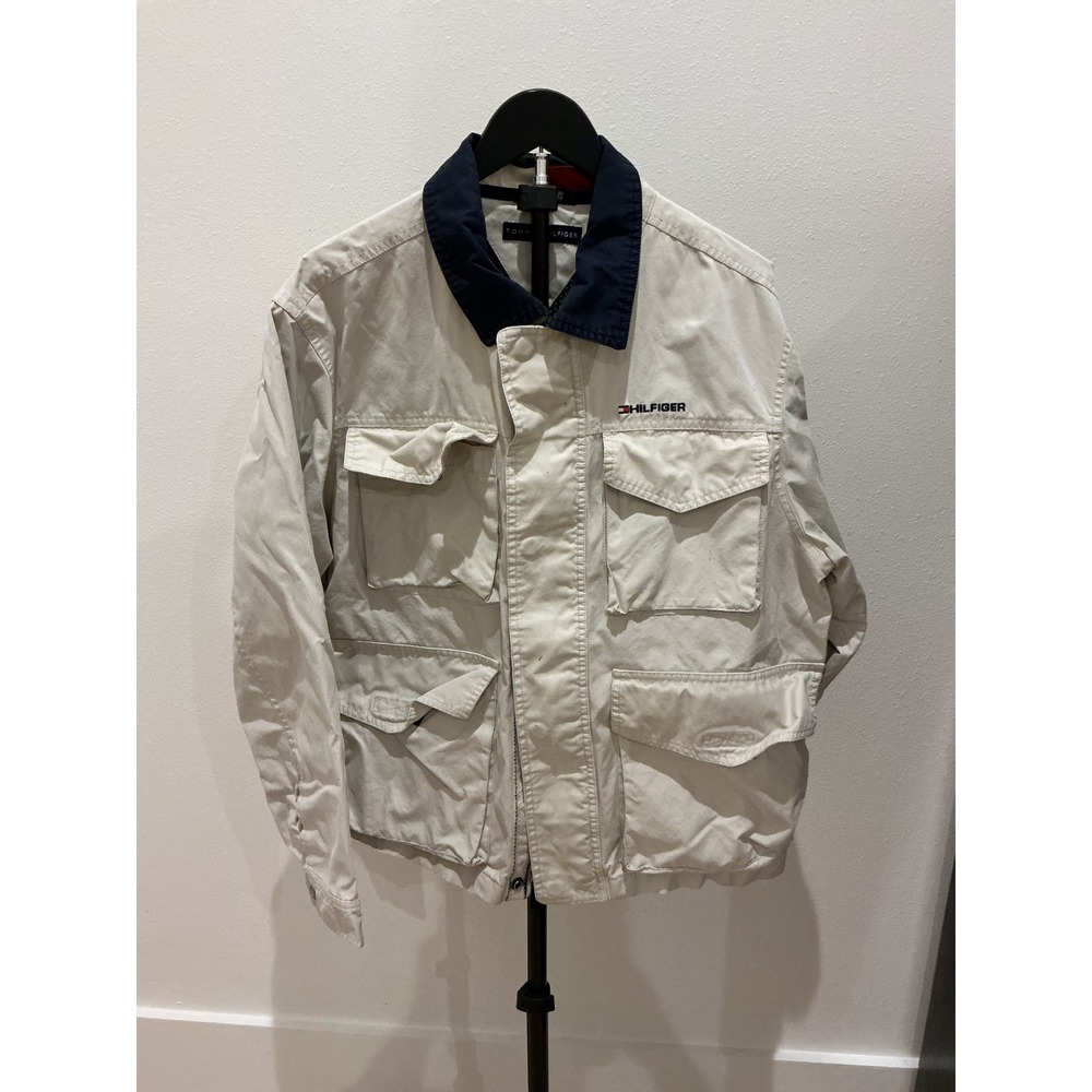 Y2K Tommy Hilfiger Mens Beige Utility Field Jacket Navy Collar Size M